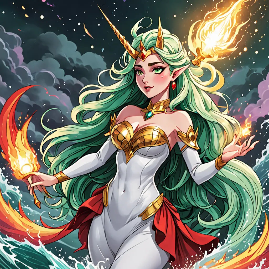 a woman in a white dress with green hair and a gold crown on her head standing in the water, fantasy art, concept art, Artgerm, rossdraws global illumination