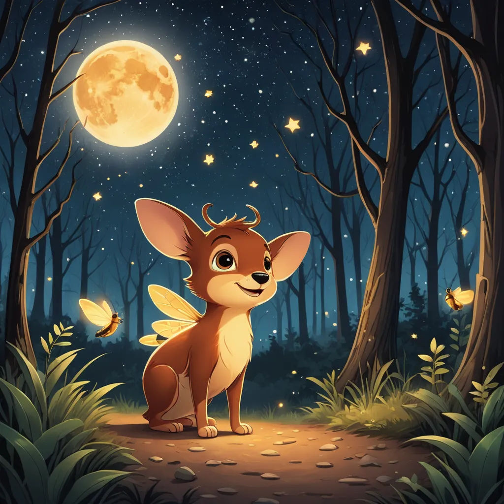 a cartoon deer sitting in the woods at night with a full moon in the background and butterflies flying around, fantasy art, a storybook illustration, Diego Gisbert Llorens, storybook illustration