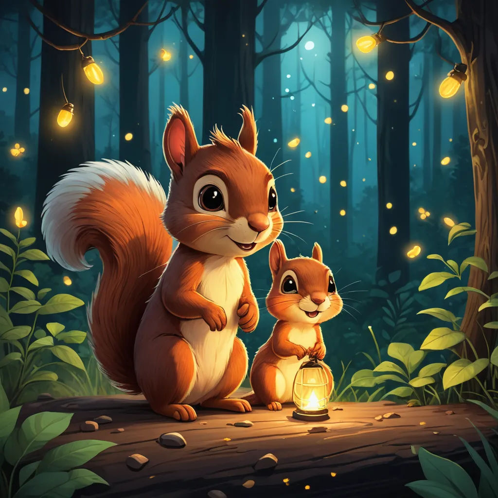 a squirrel and a squirrelling are sitting on a log in the woods with a lantern in their hand, sots art, a storybook illustration, Chris LaBrooy, key art
