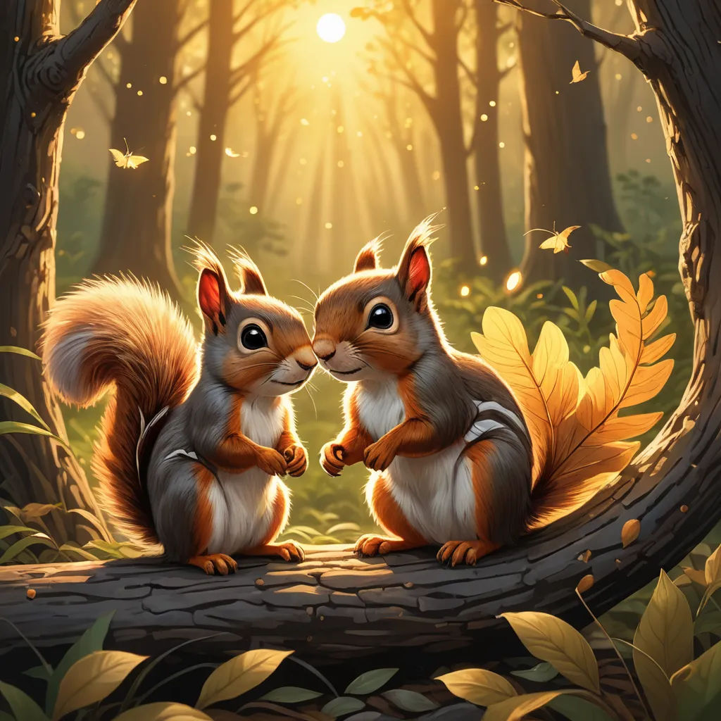 two squirrels sitting on a log in a forest with the sun shining through the trees behind them and the leaves on the ground, furry art, a painting, Chris LaBrooy, official art