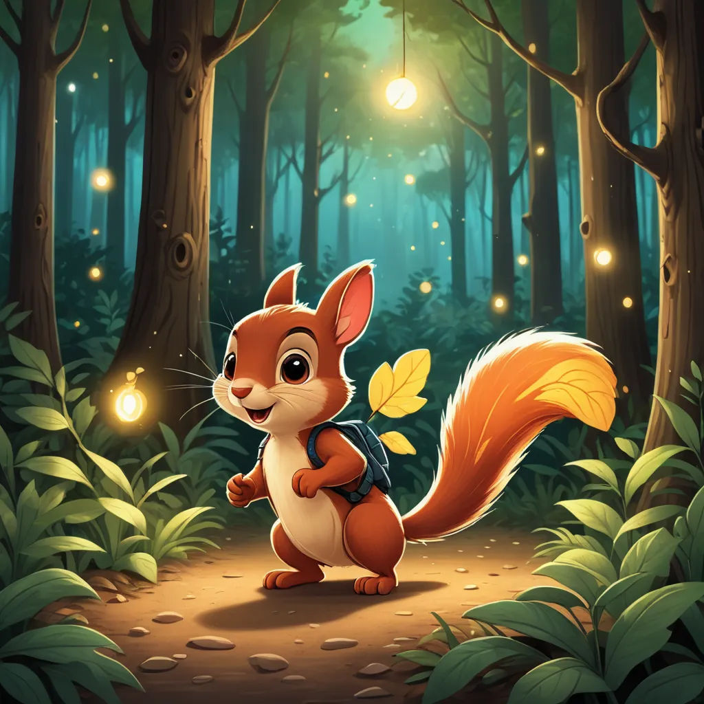 a squirrel with a backpack is standing in the forest with a light bulb in the background and a trail leading to it, sots art, a storybook illustration, Chris LaBrooy, key art