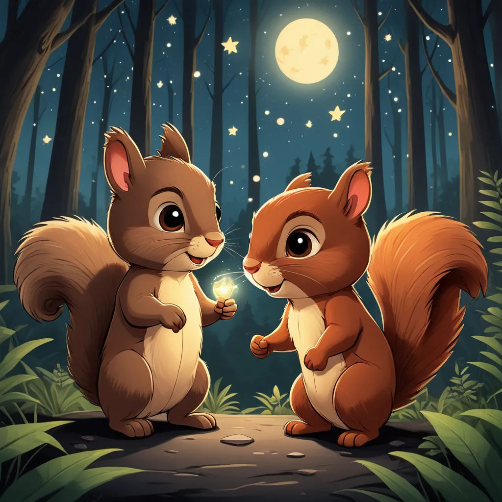 two squirrels are sitting on a log in the woods at night and one is holding a candle in its hand, sots art, a storybook illustration, Chippy, game art