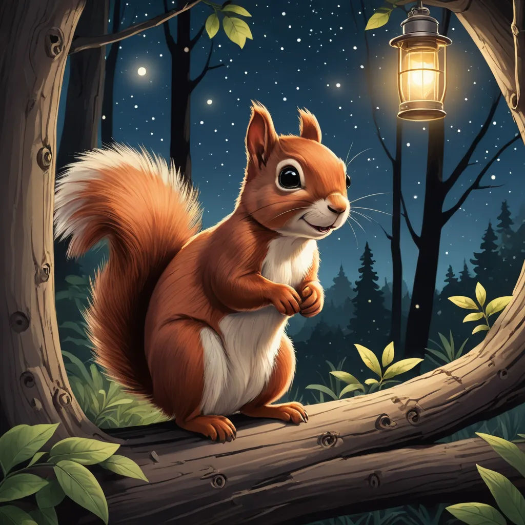 a squirrel sitting on a tree branch in the forest at night with a lantern in the background illustration by alex krawc, fantasy art, a character portrait, Chris LaBrooy, trending on art station