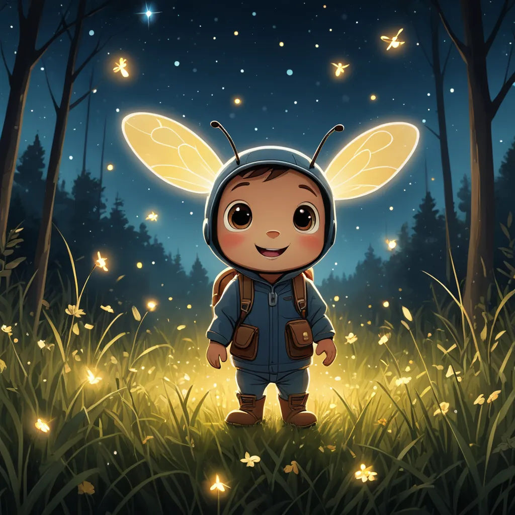 a cartoon character with a bee on his back in a forest at night with stars and a forest background, fantasy art, a storybook illustration, Aaron Jasinski, fireflies
