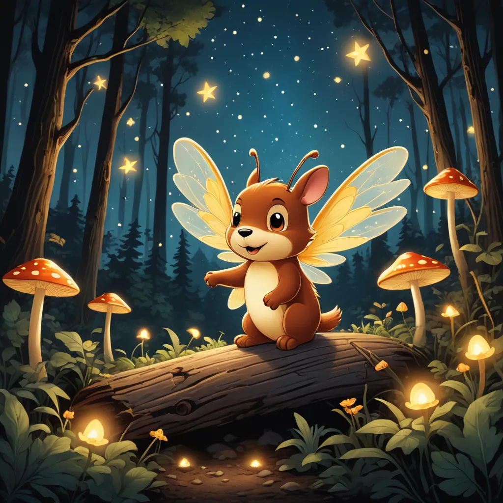 a cartoon fairy animal sitting on a log in the woods with glowing lights around it and mushrooms around it, fantasy art, a storybook illustration, Cliff Childs, storybook illustration