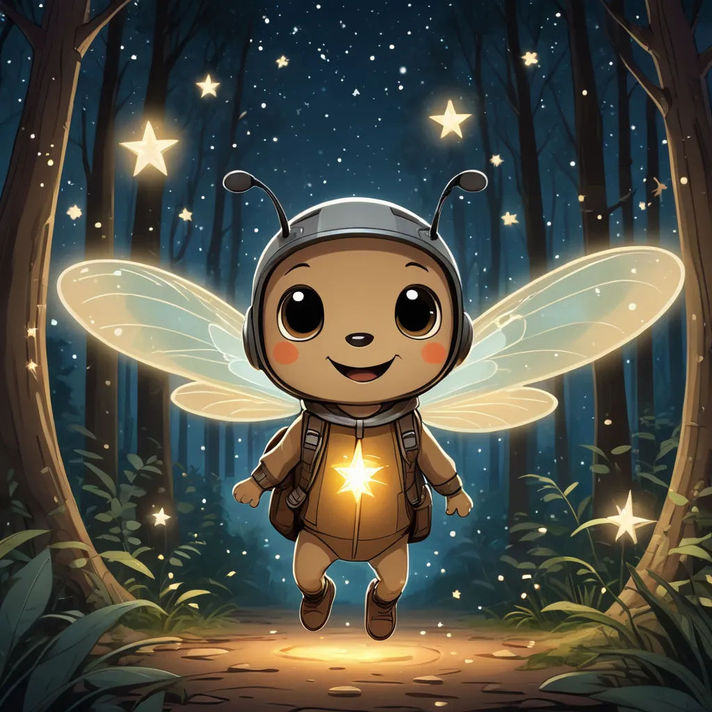 a cartoon character with a light in his hand in the woods with stars on the sky above them and a forest path with trees and stars, space art, a storybook illustration, Cliff Childs, fireflies