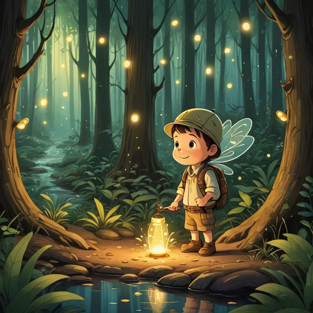 a boy standing in the forest with a lantern in his hand and a fairy light in his hand in front of him, fantasy art, a storybook illustration, Diego Gisbert Llorens, fireflies