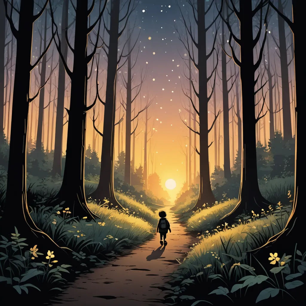 a person walking down a path in a forest at night with the sun setting behind them and stars above, fantasy art, a storybook illustration, Dan Mumford, comic cover art