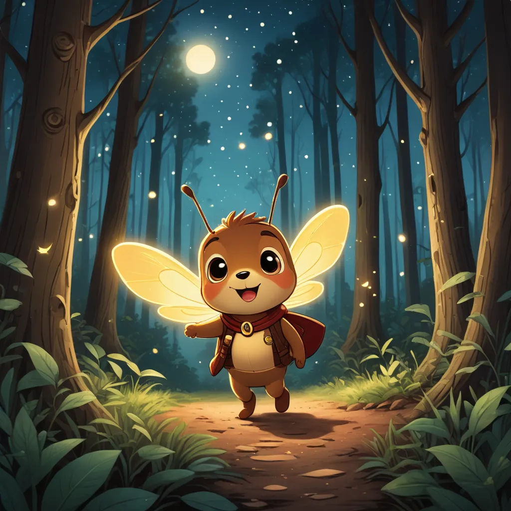 a cartoon character is walking through a forest at night with a bee costume on and a full moon in the background, sots art, a storybook illustration, Chris LaBrooy, fireflies