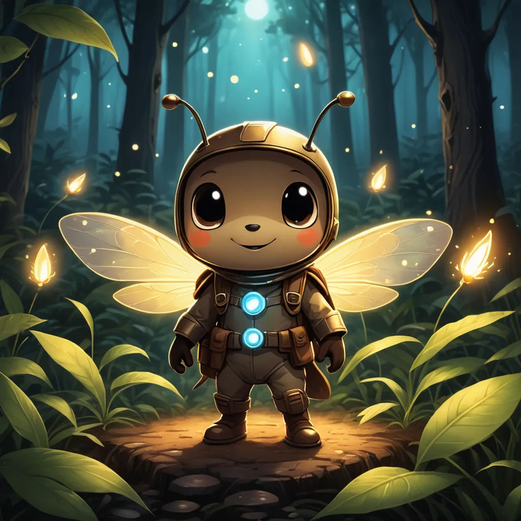 a little bee standing in the middle of a forest with a light on its chest and glowing eyes on its face, fantasy art, a storybook illustration, Alejandro Burdisio, fireflies
