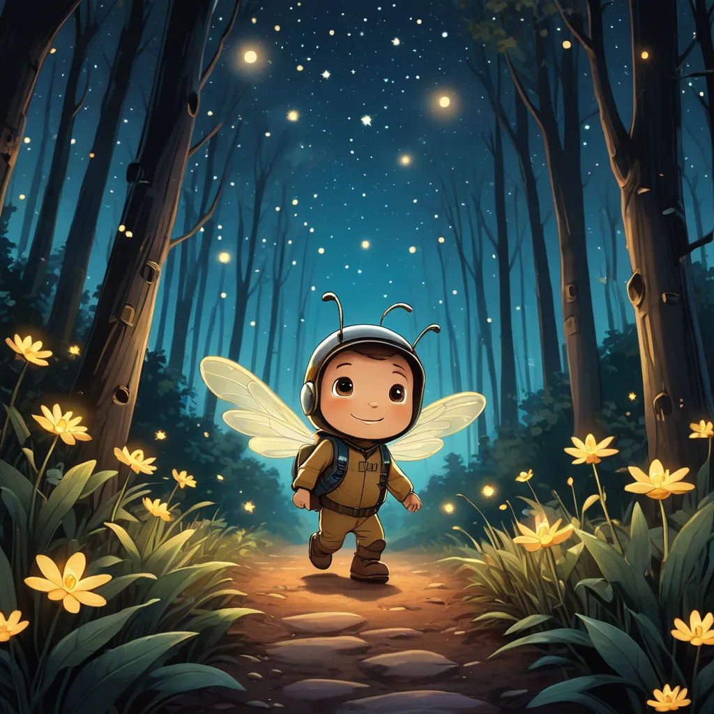 a little boy dressed as a bee in the woods with a flashlight in his hand and a firefly on his shoulder, fantasy art, a storybook illustration, Aaron Jasinski, fireflies