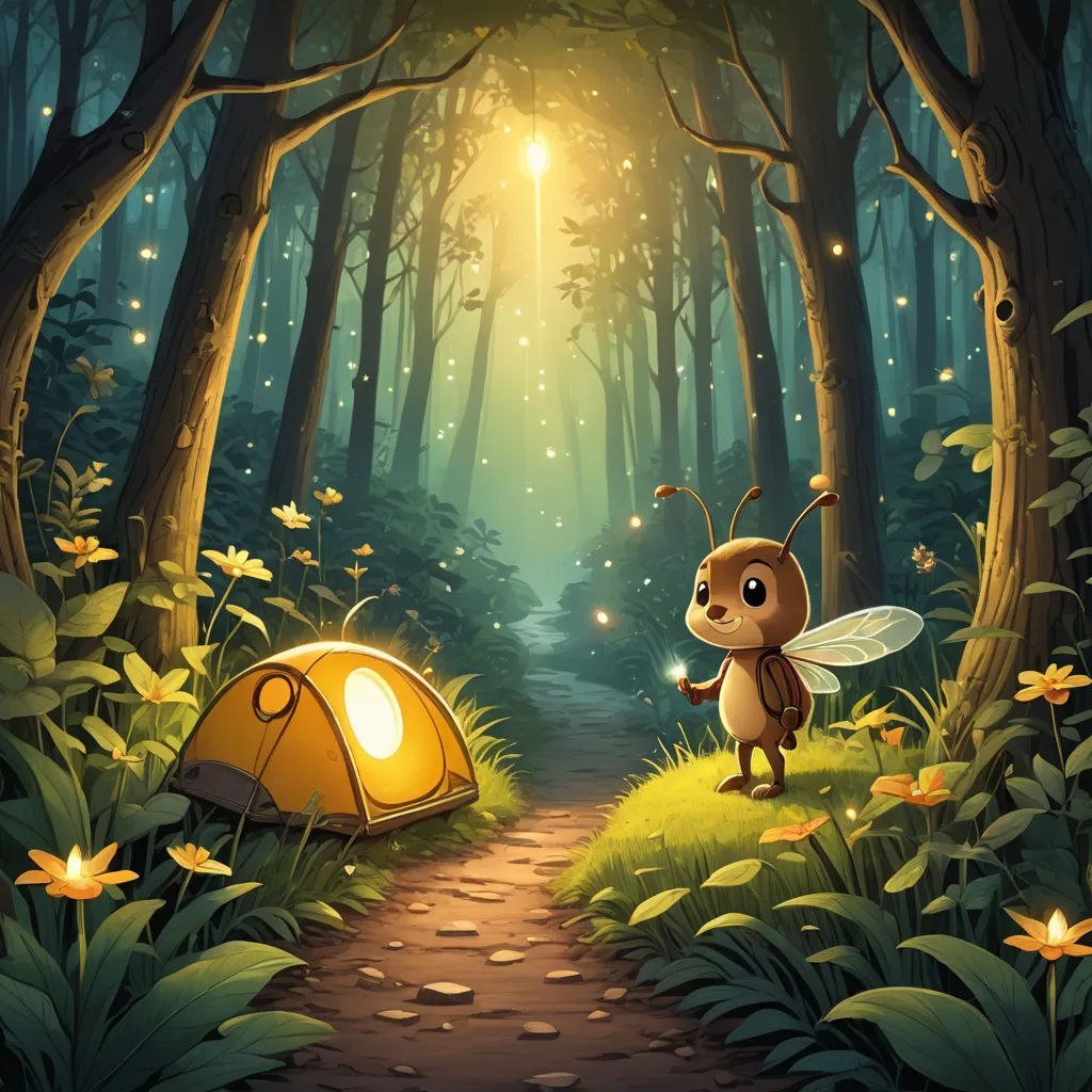 a cartoon bee standing in the forest next to a tent with a light on it and a flashlight in the air, fantasy art, a storybook illustration, Chris LaBrooy, fireflies