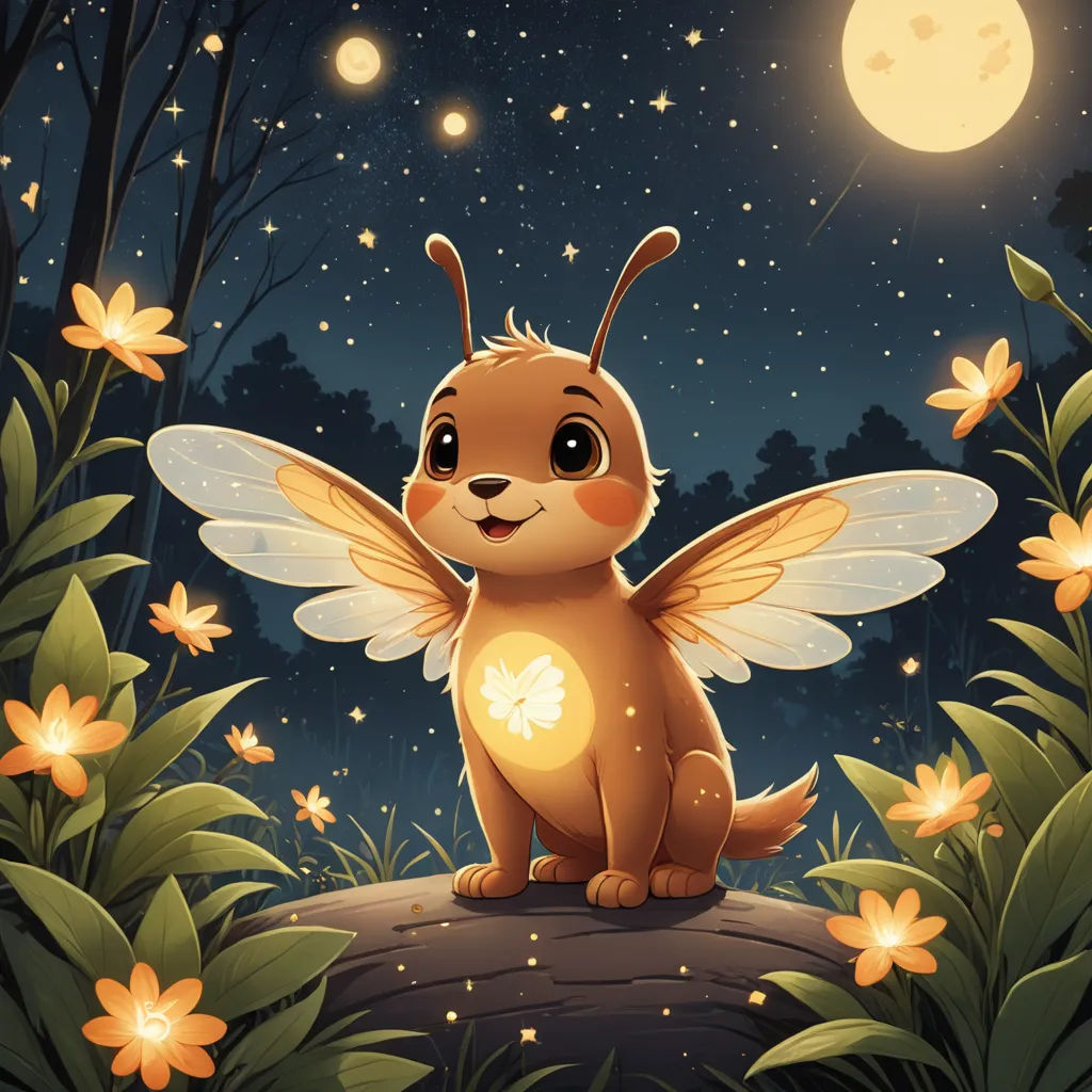 a cartoon character sitting on a rock with a butterfly on it's back and a full moon in the background, fantasy art, a storybook illustration, Chris LaBrooy, fireflies