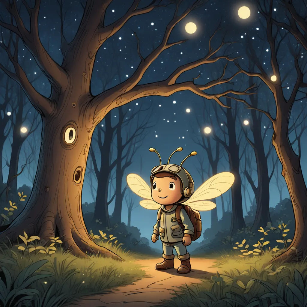 a cartoon character is standing in the woods at night with a bee on his back and a light on his head, fantasy art, a storybook illustration, Diego Gisbert Llorens, fireflies