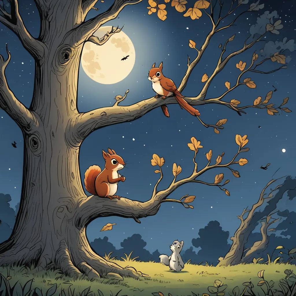 a squirrel and a squirrel sit on a tree branch in the night sky with a full moon in the background, pop surrealism, a storybook illustration, David Martin, storybook illustration