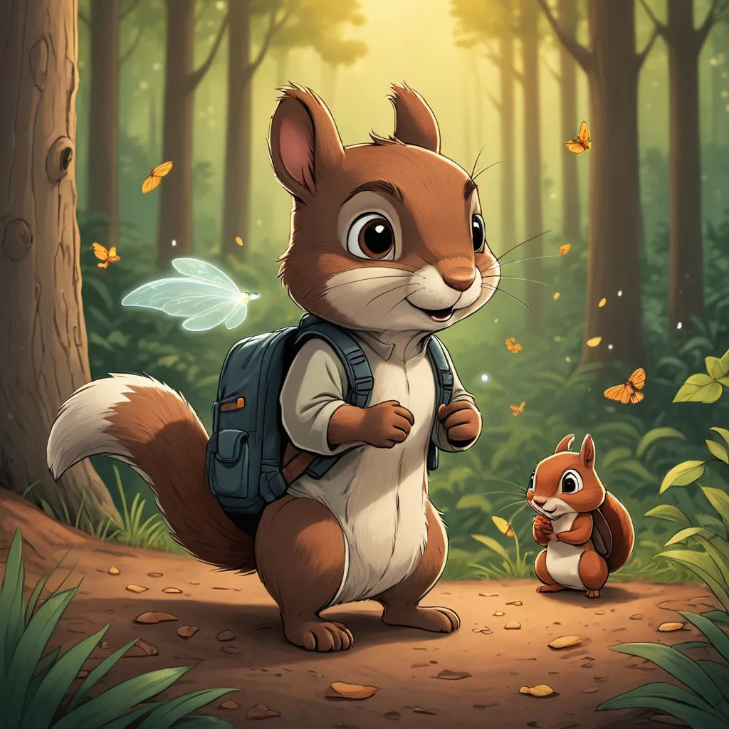 a squirrel and a squirrelling in a forest with a light shining on them and a bee flying above them, furry art, a storybook illustration, Chris LaBrooy, key art