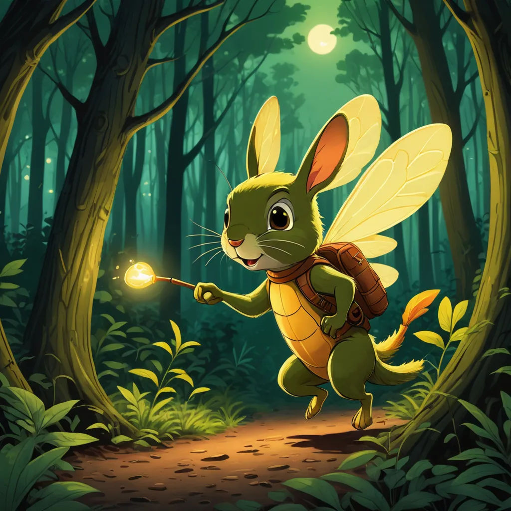 a cartoon bunny with a light in his hand running through a forest with a glowing light in his hand, fantasy art, a storybook illustration, Chris LaBrooy, fireflies
