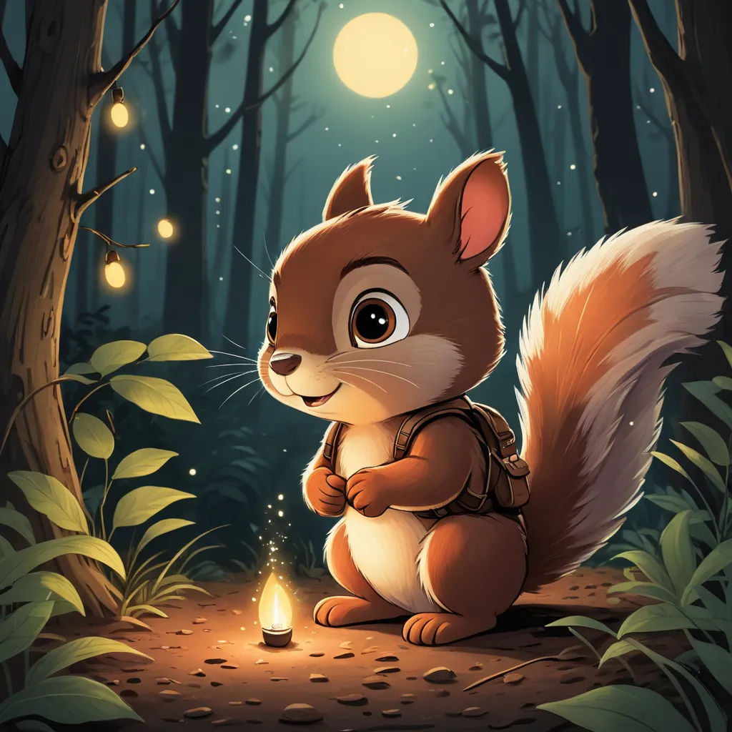 a squirrel sitting on a trail with a candle in its hand and a forest background with a full moon, sots art, a character portrait, Chris LaBrooy, key art