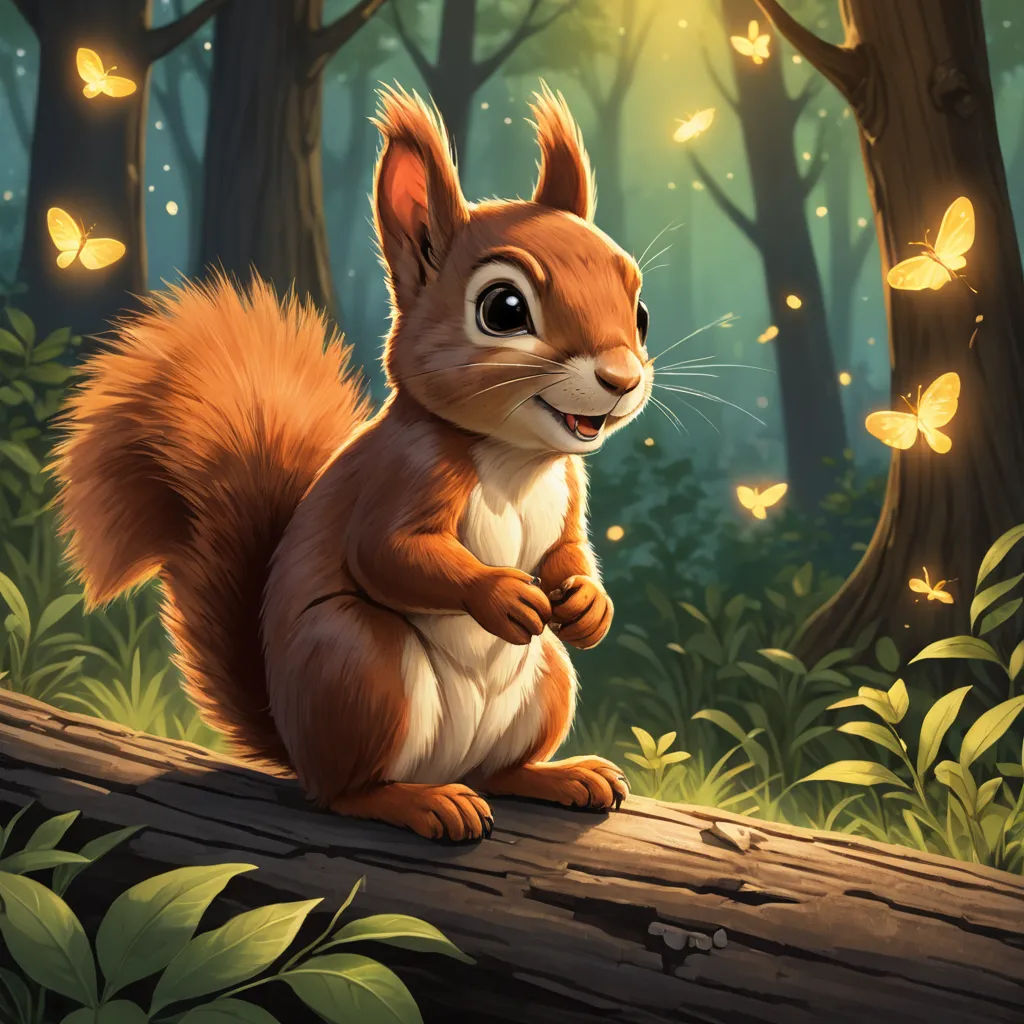a squirrel sitting on a log in a forest with butterflies flying around it and a tree trunk with a squirrel on it, altermodern, a digital painting, Chris LaBrooy, rossdraws global illumination