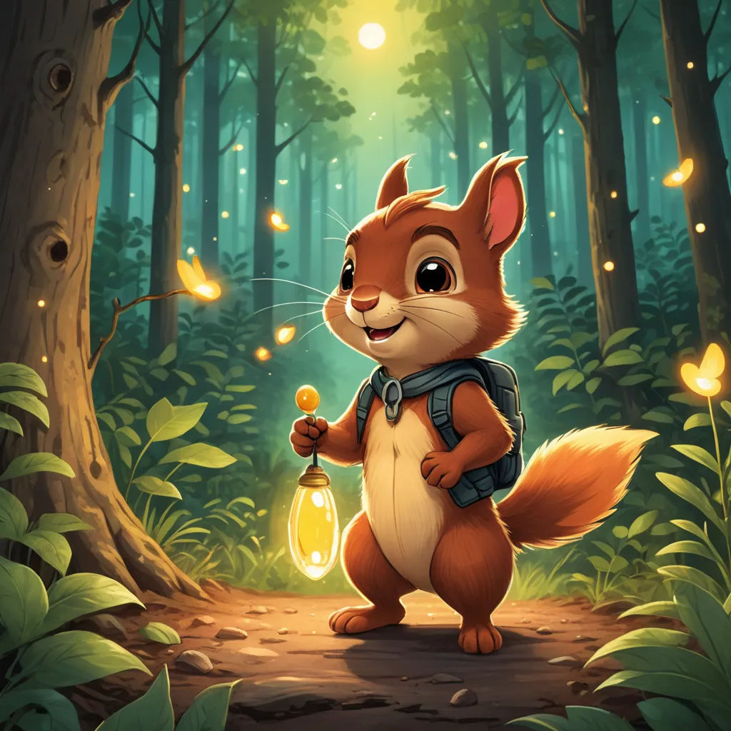 a cartoon squirrel holding a lantern in a forest with a light shining on it's face and a forest background, sots art, a character portrait, Chris LaBrooy, key art