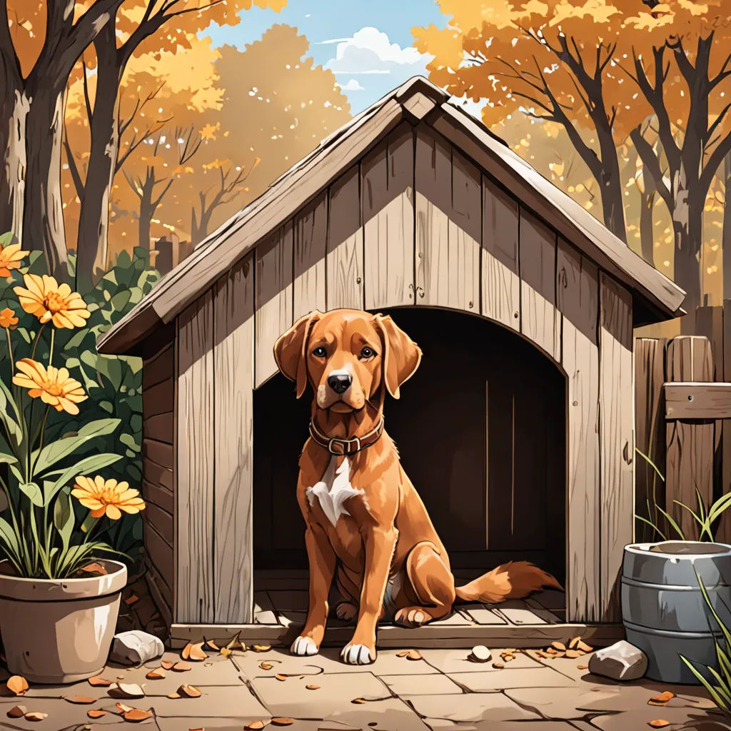 a dog sitting in a dog house with a flower garden in the background and a barrel of water nearby, furry art, a storybook illustration, Cyril Rolando, highly detailed digital art