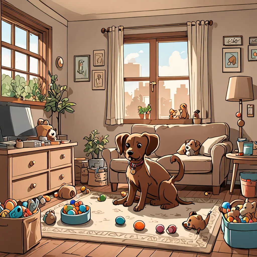 a dog sitting on a rug in a living room with toys and toys in the floor and a television, furry art, a storybook illustration, Chris LaBrooy, detailed illustration