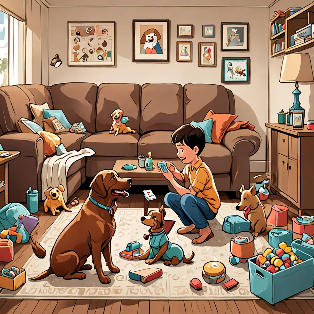 a boy sitting on the floor with a dog and other toys in front of him and a dog on the floor, lyco art, a storybook illustration, Chris LaBrooy, storybook illustration