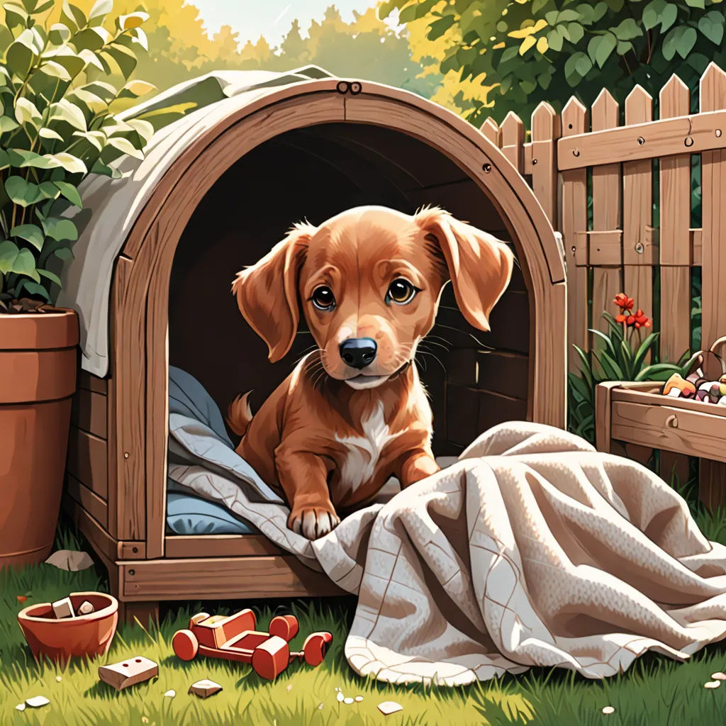 a dog sitting in a dog house with a blanket on the ground and a dog laying in it's bed, american scene painting, a storybook illustration, Chris LaBrooy, highly detailed digital painting