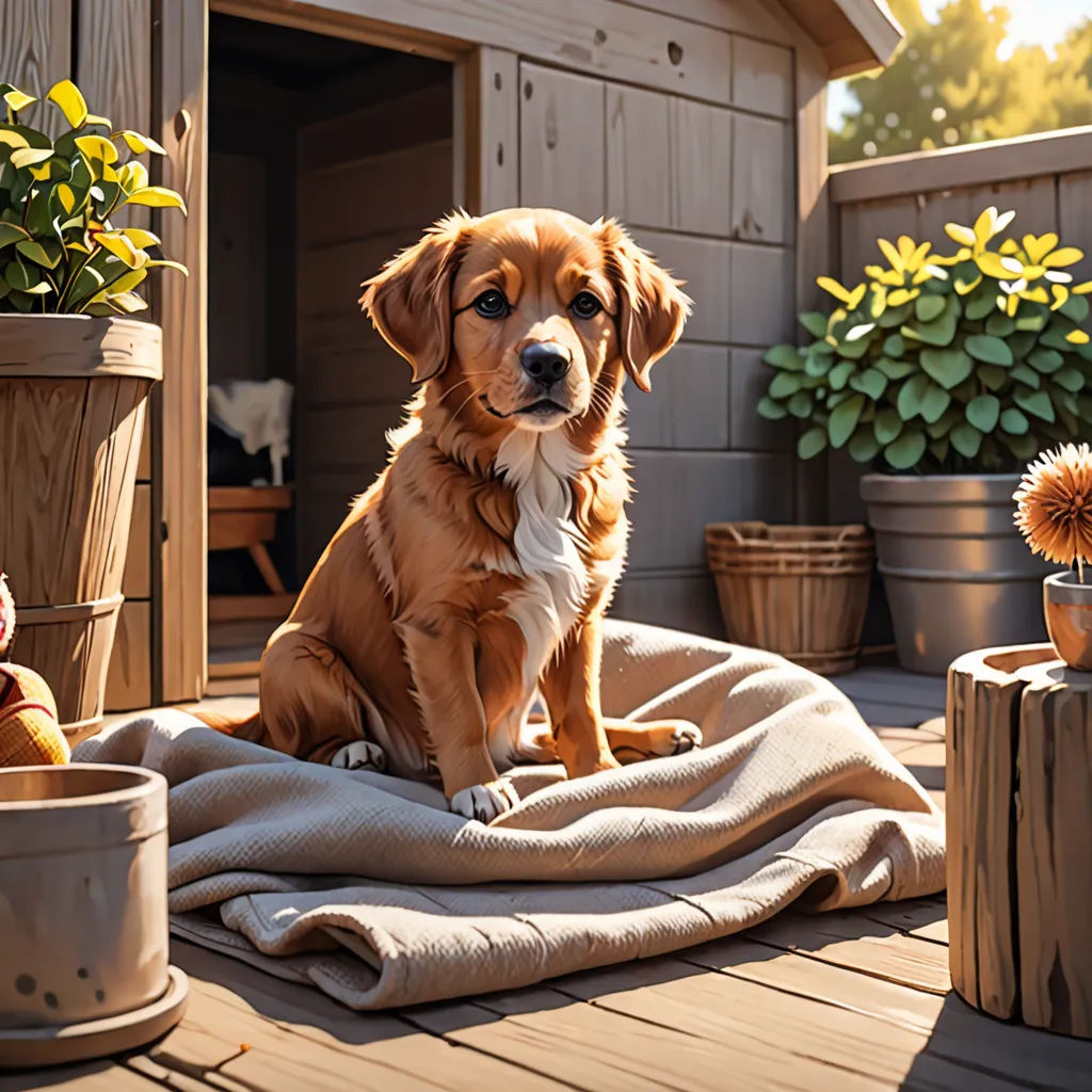 a dog sitting on a blanket on a deck next to potted plants and a teddy bear in a garden, photorealism, a stock photo, Elke Vogelsang, animal photography