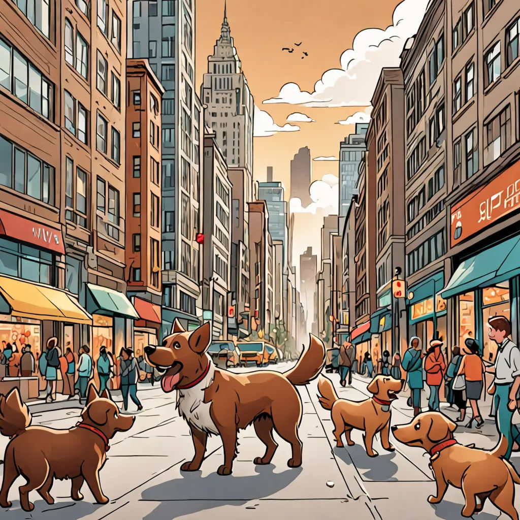a group of dogs walking down a street next to tall buildings and people walking down the street with buildings in the background, furry art, a comic book panel, Asaf Hanuka, comic cover art
