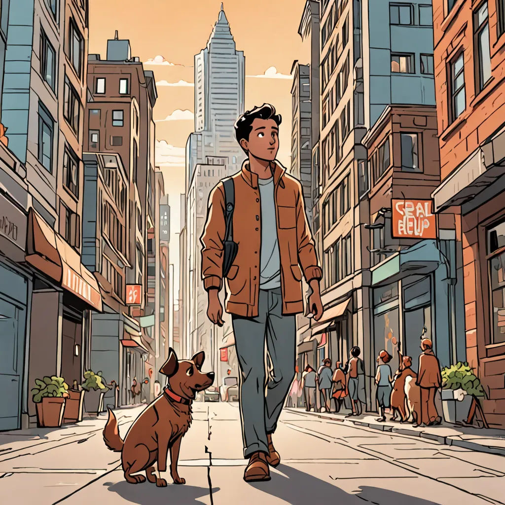 a man walking a dog down a city street with tall buildings in the background and a dog on the sidewalk, process art, a comic book panel, Asaf Hanuka, comic cover art