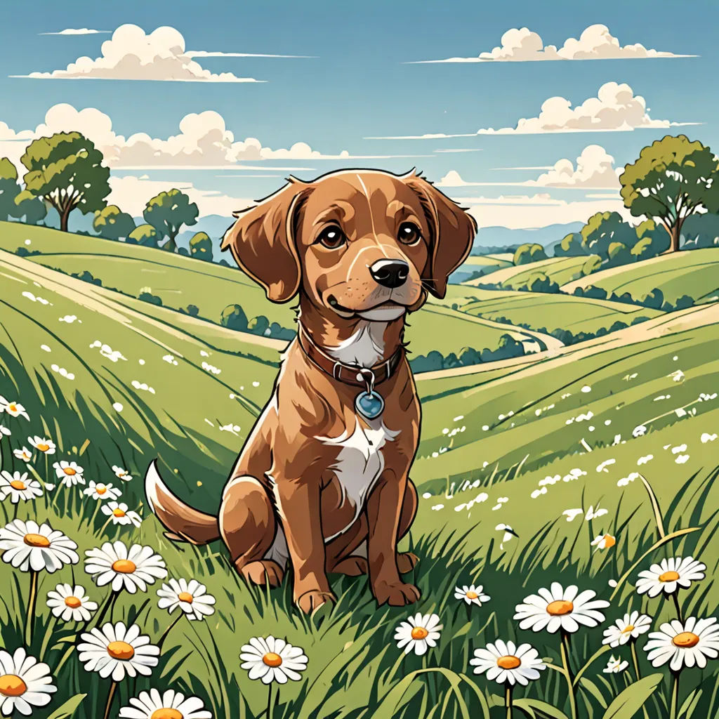 a dog sitting in a field of daisies with a sky background and clouds in the background, with a dog sitting in the grass, sots art, a storybook illustration, Chris LaBrooy, comic cover art