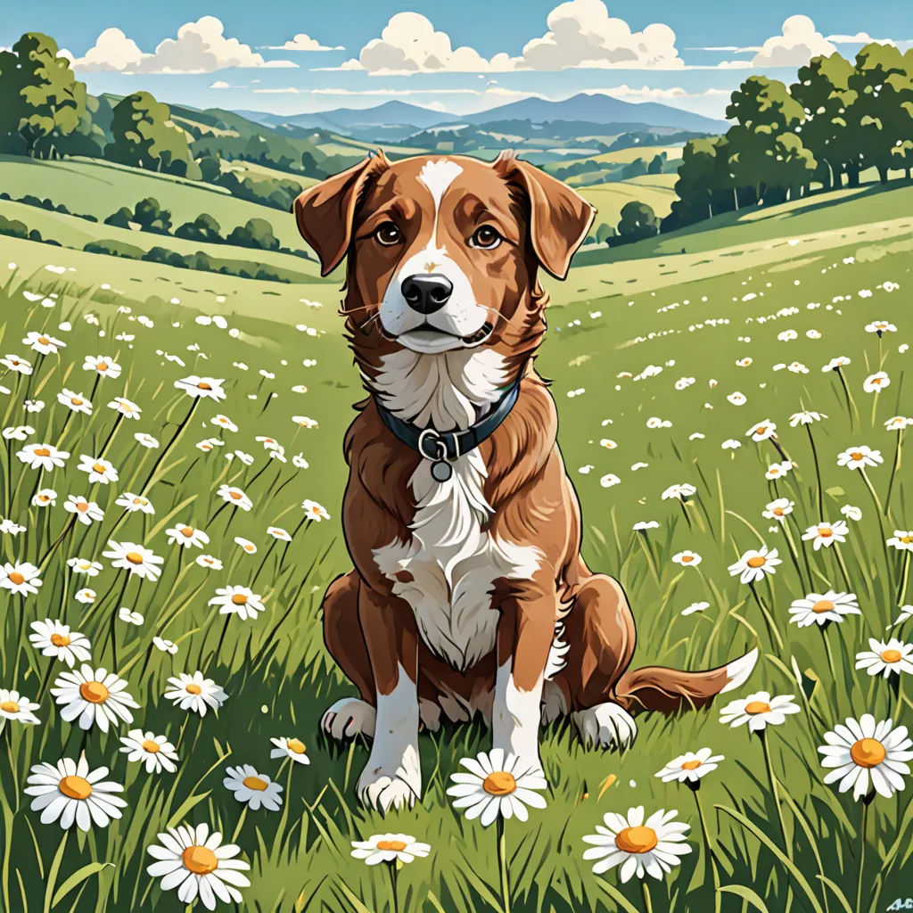 a dog sitting in a field of daisies with a mountain in the background and clouds in the sky, furry art, a storybook illustration, David Brewster, official art