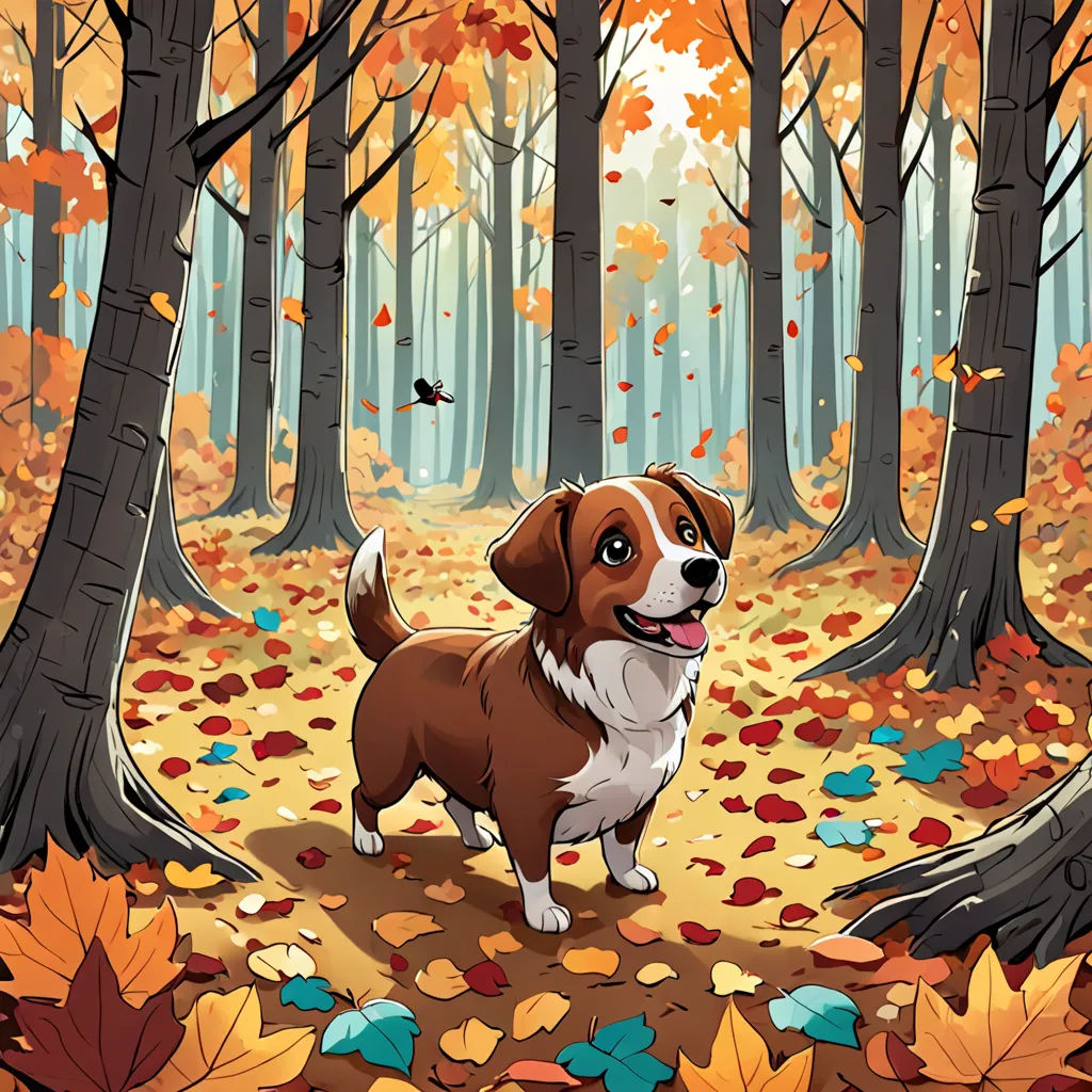 a dog standing in a forest with leaves on the ground and a bird flying overhead in the background,, furry art, a storybook illustration, Cyril Rolando, storybook illustration
