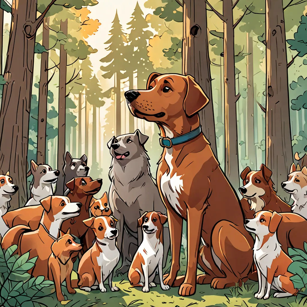 a group of dogs sitting in the woods together with trees in the background and a forest scene in the background, furry art, a storybook illustration, Dan Mumford, comic cover art