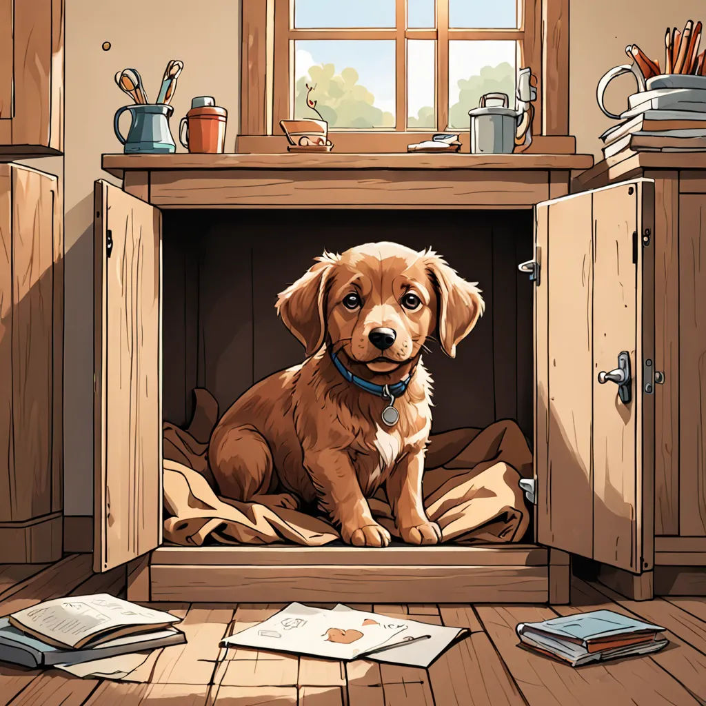 a dog sitting in a wooden doghouse with a book on the floor and a window in the background, furry art, a storybook illustration, Chris LaBrooy, highly detailed digital painting