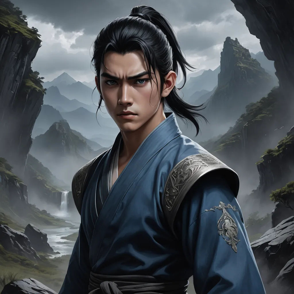 a man in a blue robe standing in front of a mountain and river with a dragon on it's forehead, fantasy art, a character portrait, Dai Jin, magic the gathering artwork