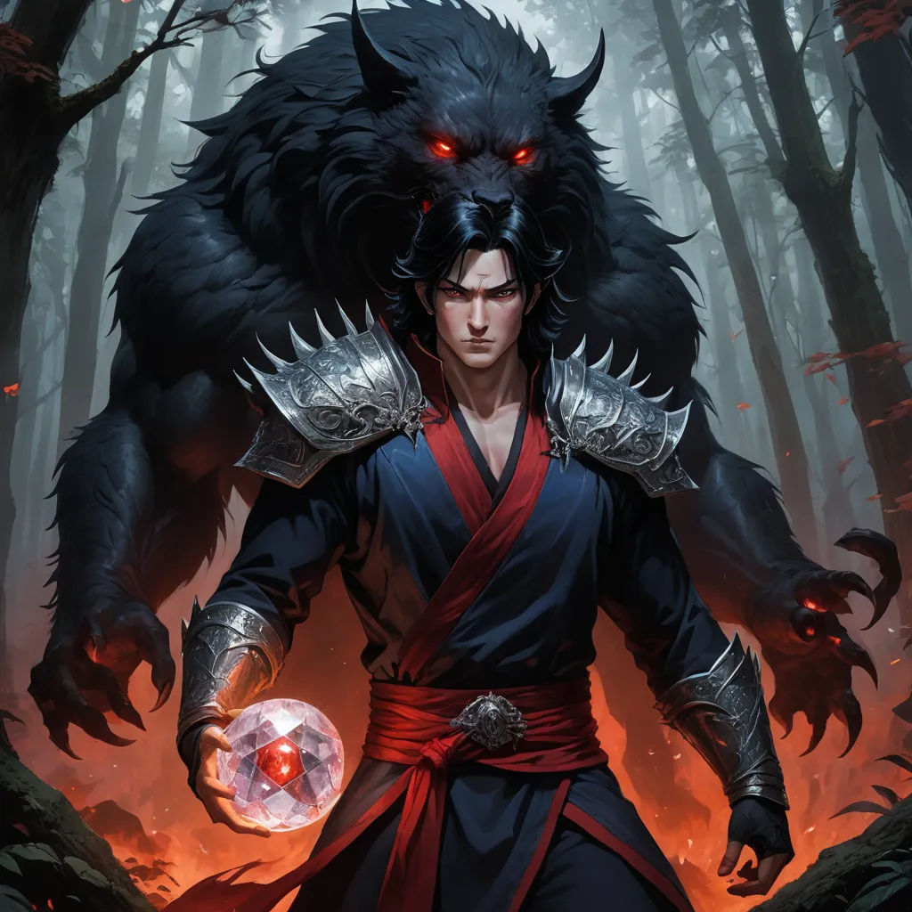 a man in a red and black outfit holding a crystal ball in a forest with a demon like face, fantasy art, concept art, Du Jin, comic cover art