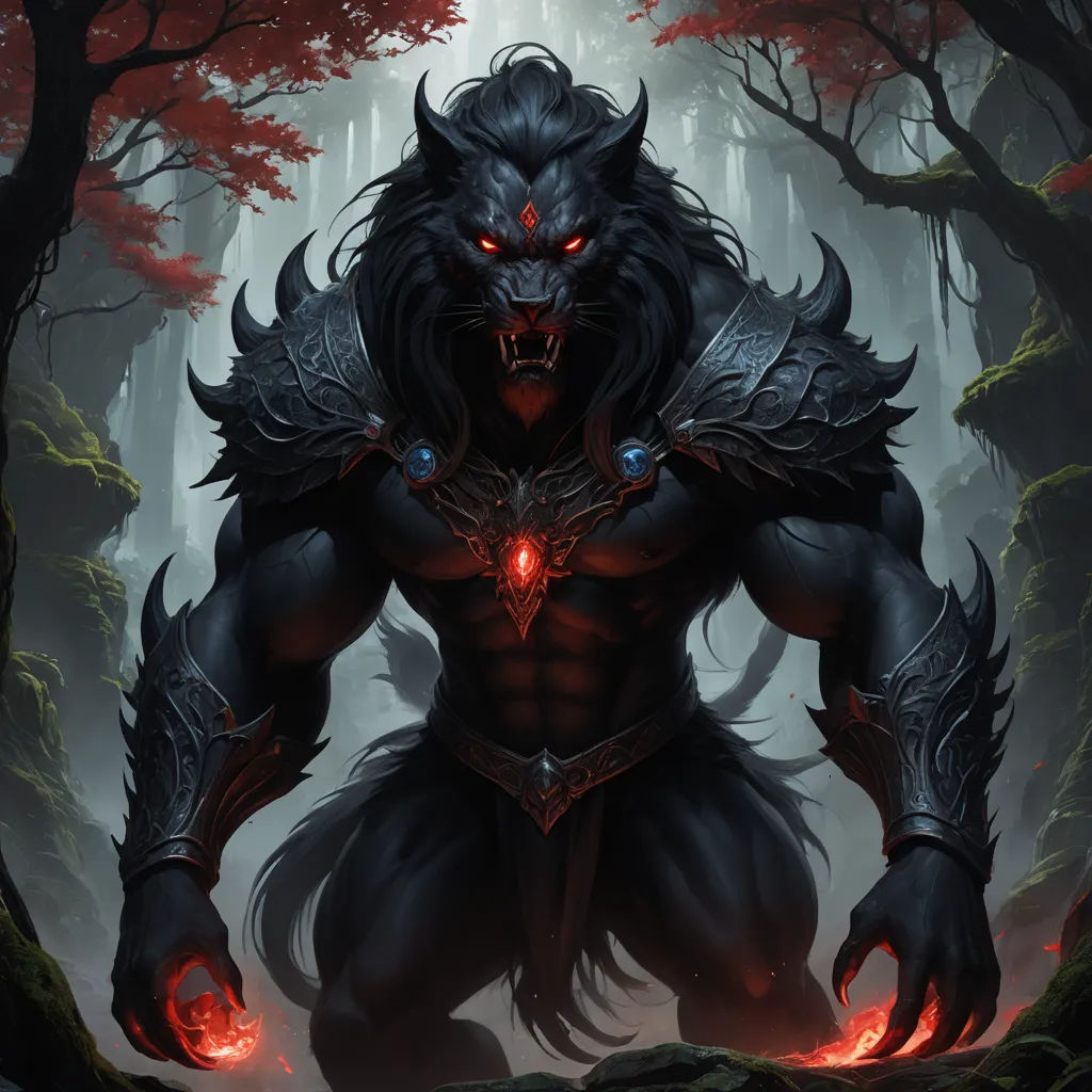 a demonic demon with red eyes and a demon like body in a forest with red lights on his chest, furry art, a detailed painting, Anne Stokes, epic fantasy character art