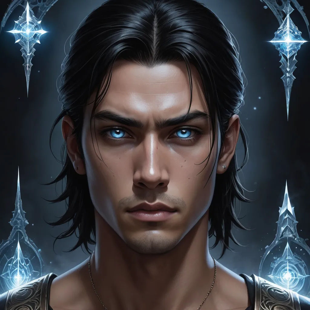 a man with blue eyes and a necklace on his neck, in front of a star background with a clock, fantasy art, a character portrait, Cedric Seaut (Keos Masons), epic fantasy character art