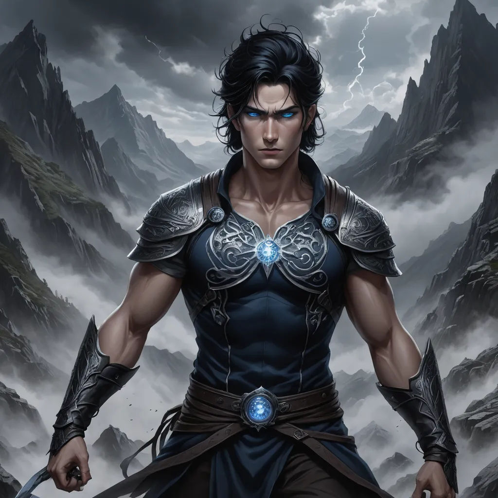 a man in armor holding a sword in front of a mountain range with clouds and lightning in the sky, fantasy art, a detailed painting, Clint Cearley, epic fantasy character art