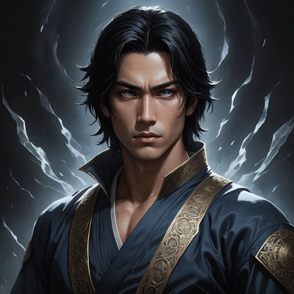 a man with a black hair and blue shirt and a lightning background is shown in this picture of a man with a black hair and blue shirt and lightning background is, fantasy art, a character portrait, Dai Jin, epic fantasy character art