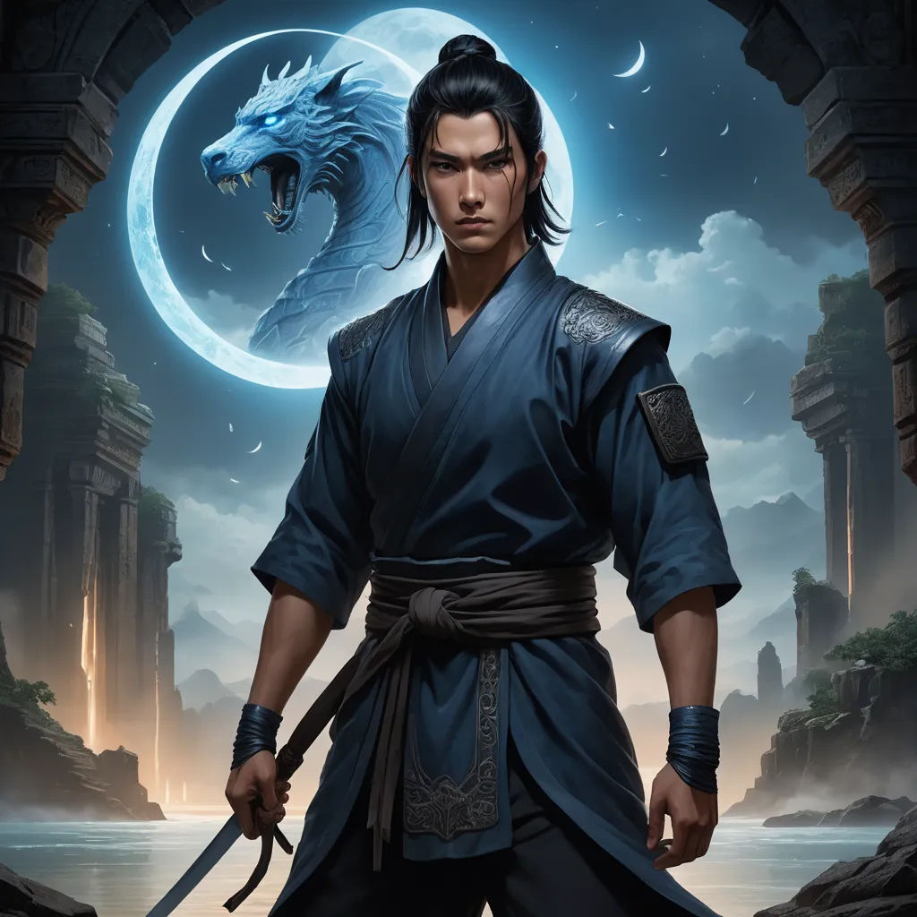 a man in a blue robe holding a sword and a wolf on a cliff with a moon in the background, fantasy art, a character portrait, Dai Jin, key art