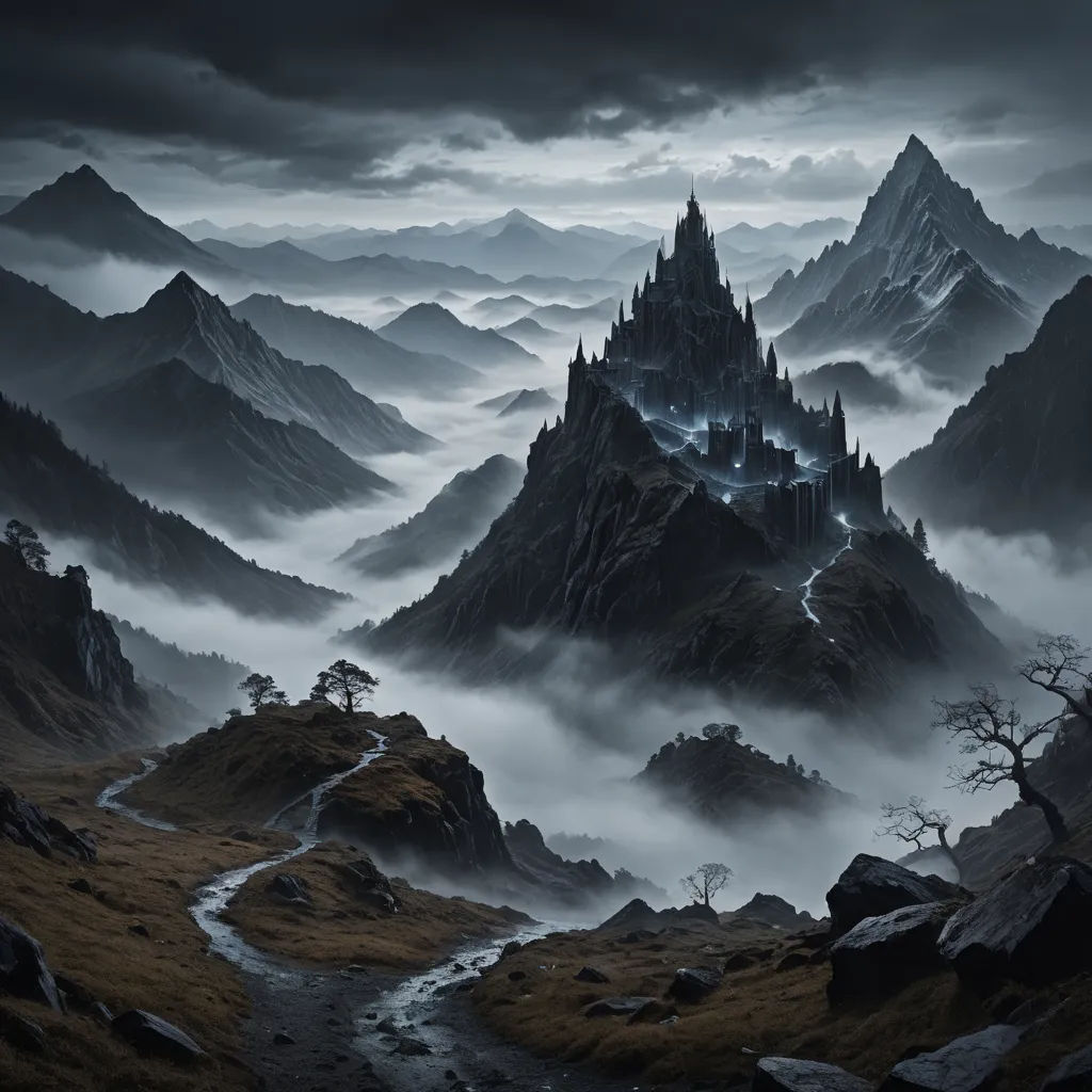 a mountain landscape with a castle in the middle of it and fog in the air above it, and a stream running through the middle of the landscape, gothic art, a detailed matte painting, David Martin, matte fantasy painting