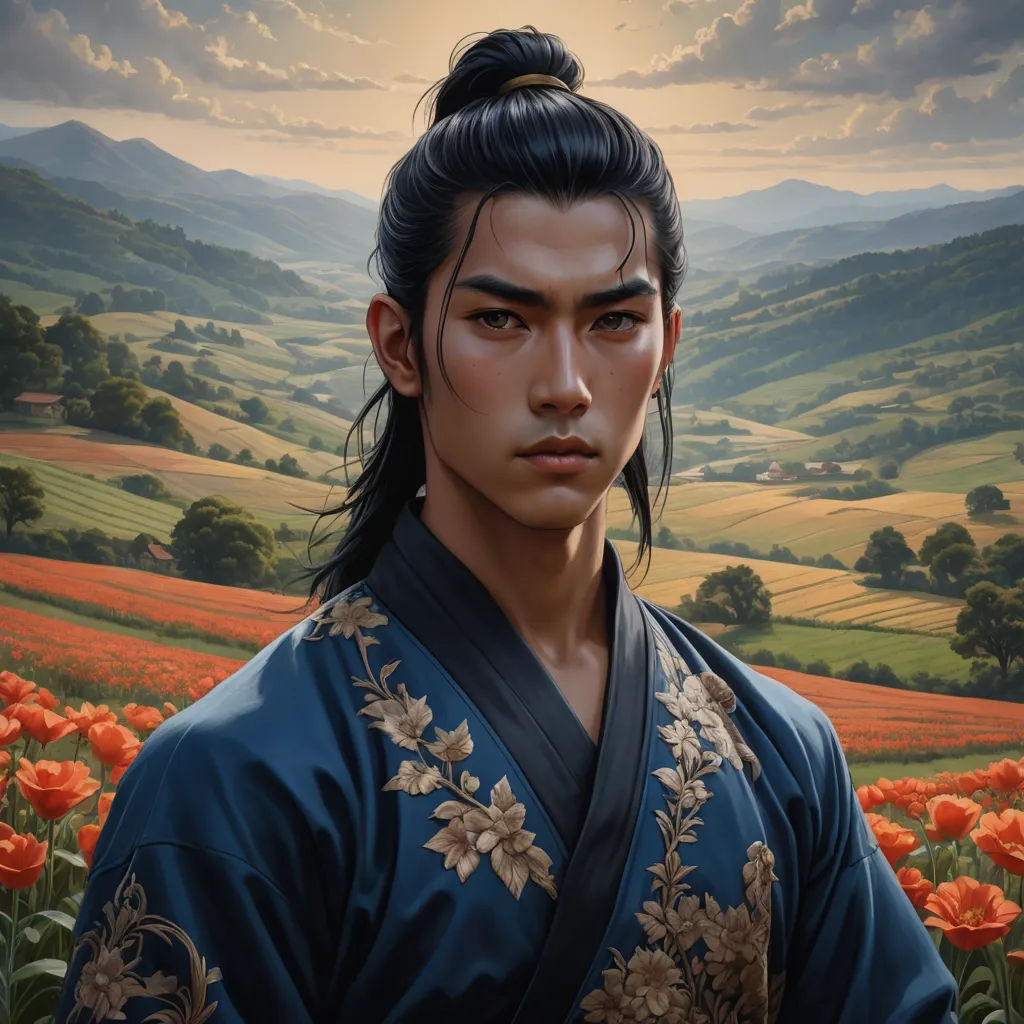 a painting of a man in a blue kimono standing in a field of flowers with a mountain in the background, fantasy art, a character portrait, Dai Jin, rossdraws global illumination