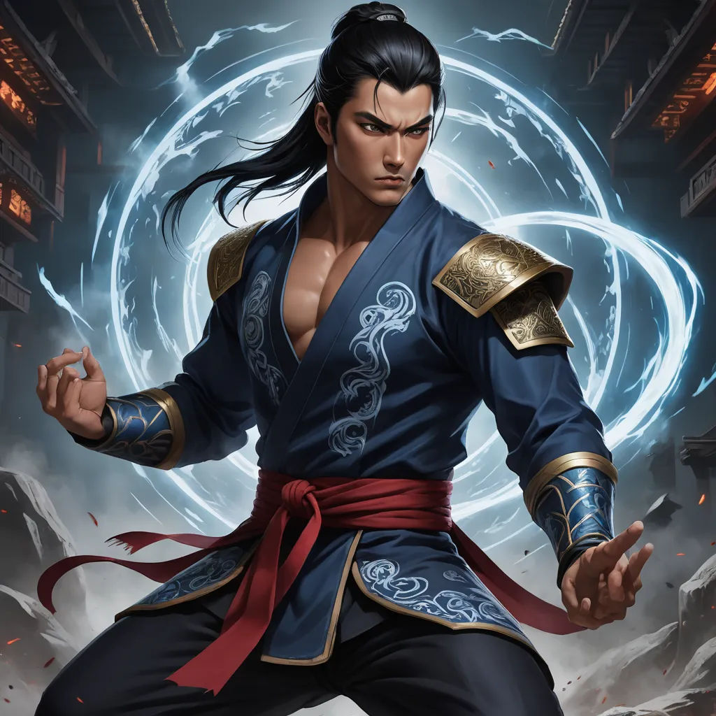 a man in a blue and red outfit holding a sword and a ball in his hand with a ring around his neck, cloisonnism, a character portrait, Dai Jin, stanley artgerm lau