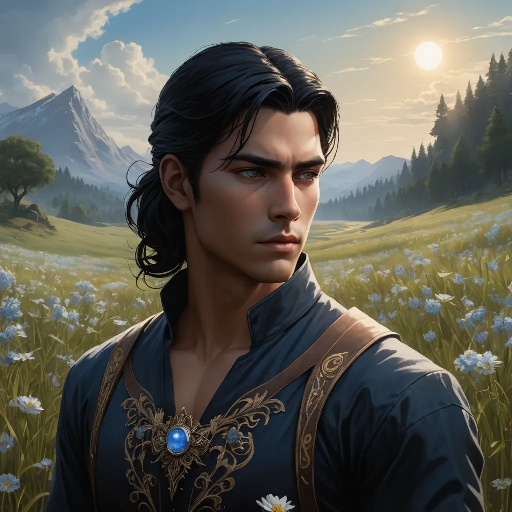a man in a field of flowers with a mountain in the background and a sun in the sky above, fantasy art, a character portrait, Cedric Seaut (Keos Masons), epic fantasy character art