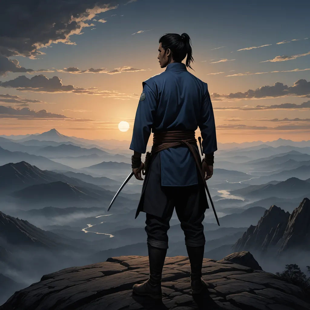 a man standing on top of a mountain with two swords in his hand and a sunset in the background, fantasy art, a detailed matte painting, Dirk Crabeth, highly detailed digital painting
