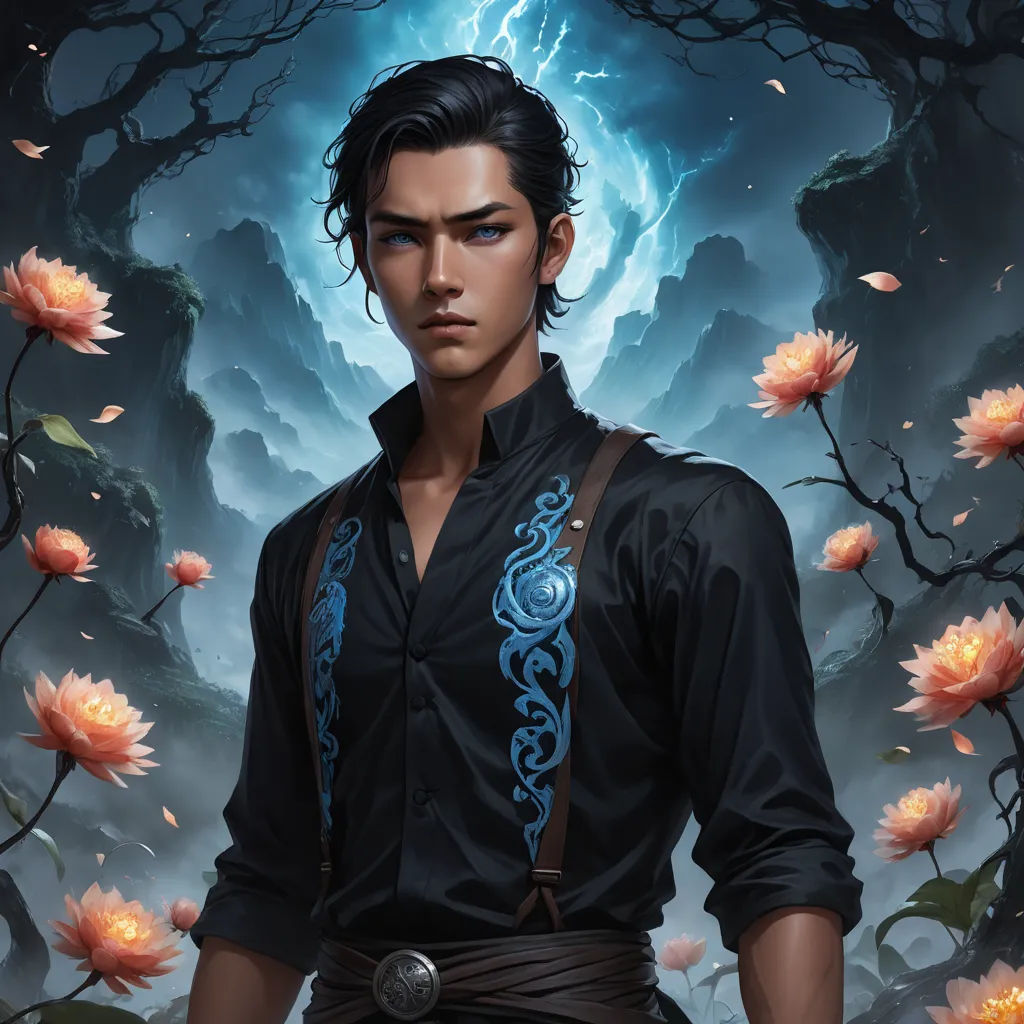 a man with a dragon on his shirt and a flower in his hand and a sky background with flowers, fantasy art, a character portrait, Dai Jin, rossdraws global illumination