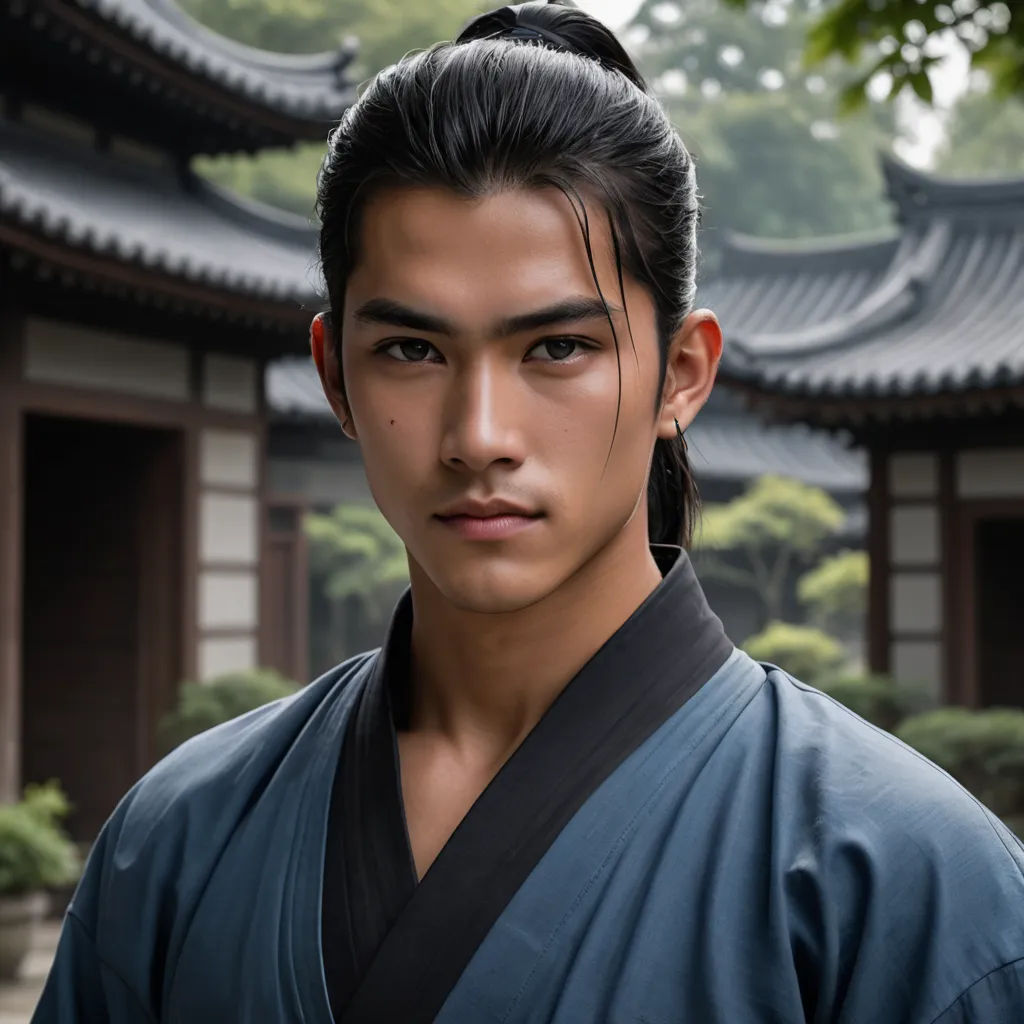 a man with a black hair and a blue shirt and a black tie and a black and white background, dau-al-set, a character portrait, Dai Jin, sakimichan
